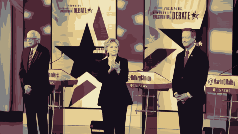 Hillary Clinton, Bernie Sanders, and Martin O'Malley at the 2016 Second Democratic Debate.
